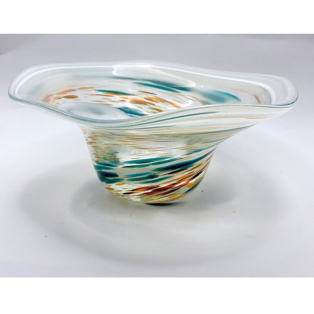 Art Glass Bowl 7.5in White Teal Orange Swirl Hand Blown Decorative